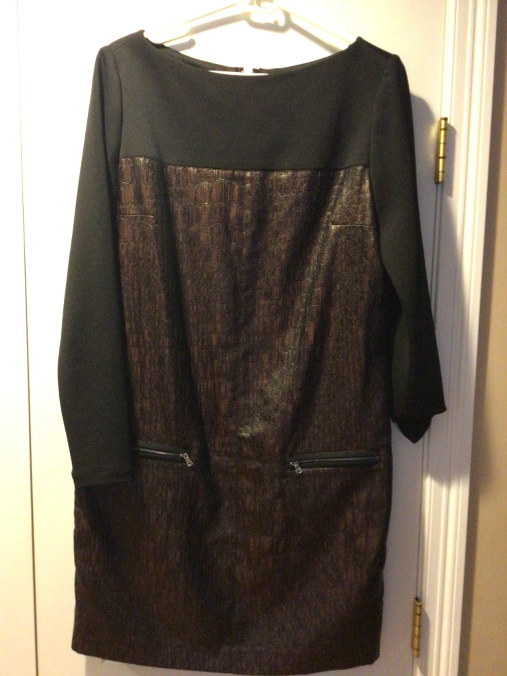 Maggie London dress with alligator embossed faux leather and black yoke/sleeves.
